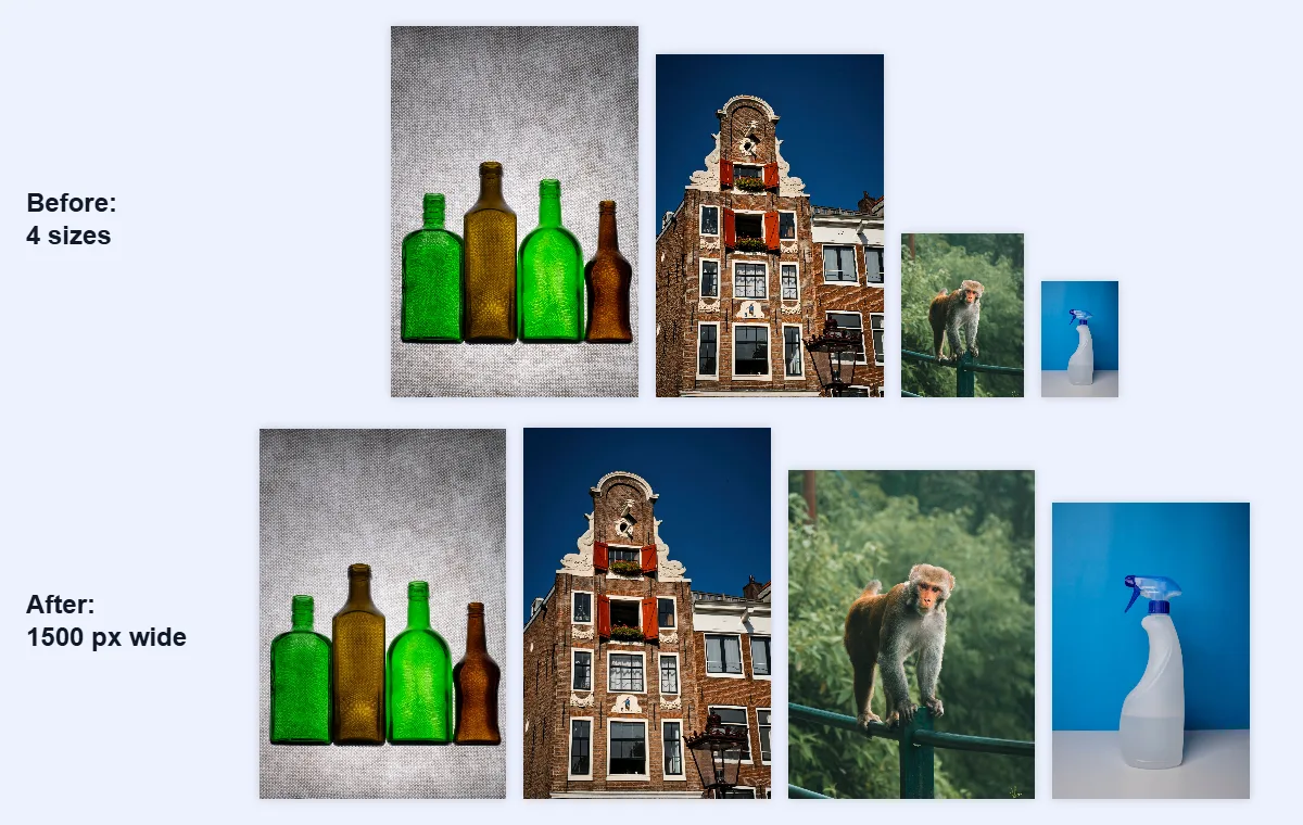 Four photos of different sizes on the top row, drawn to scale, and on the bottom row the same photos after resizing: three are now 1500 pixels wide and the spray bottle stays at 1200 pixels