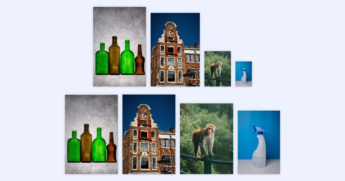Four photos of different sizes in a row, and below them the same four photos resized to one width