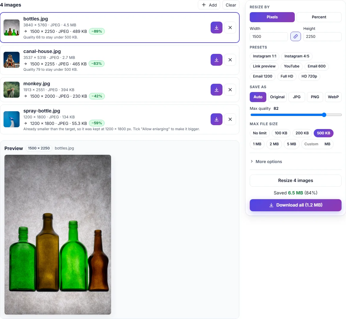 The image resizer with four photos resized to 1500 pixels wide: bottles.jpg from 4.5 MB to 489 KB at quality 68, canal-house.jpg from 2.7 MB to 465 KB at quality 79, monkey.jpg from 394 KB to 230 KB, and spray-bottle.jpg kept at 1200 × 1800 because it was already smaller than the target