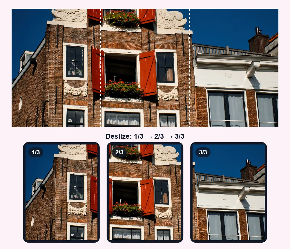 A foto panorâmica com duas linhas tracejadas onde é cortada e, embaixo, as três partes como telas de celular numeradas 1/3, 2/3 e 3/3