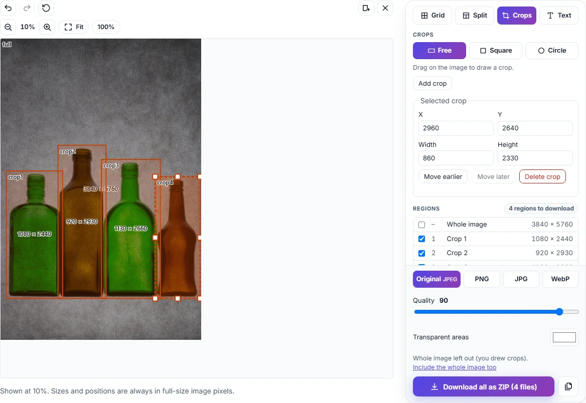 The image splitter with a photo of four glass bottles and four crop rectangles drawn over them, one per bottle; the selected crop's X, Y, width and height are shown in the side panel