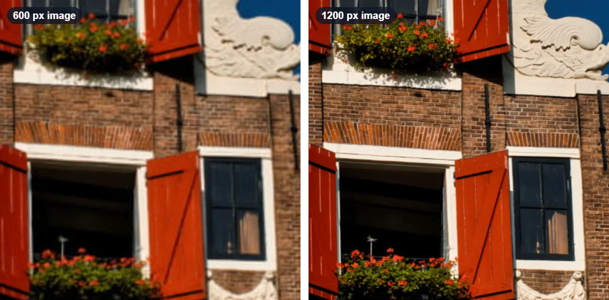 A close-up of the same canal house banner: soft and blurry from a 600 pixel wide image, crisp from a 1200 pixel wide image