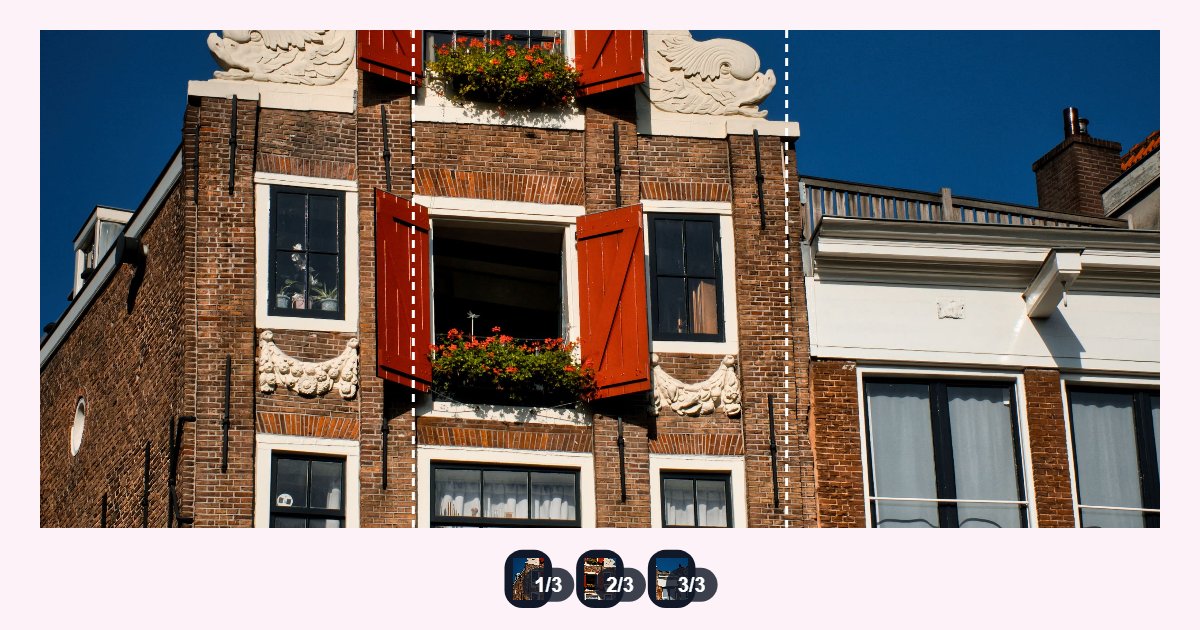 Una foto panorámica de una fachada de Ámsterdam con dos líneas de corte, y debajo las tres partes como pantallas de un carrusel