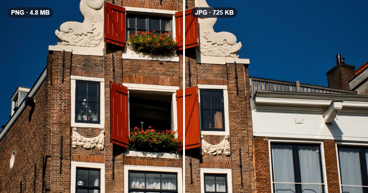 A photo of a canal house split down the middle, labelled PNG 4.8 MB on the left and JPG 725 KB on the right, looking the same