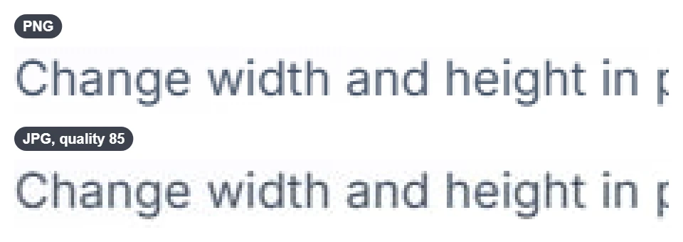 Two close-ups of the same line of text, enlarged four times: the PNG version has crisp edges, and the JPG version at quality 85 is slightly softer around the letters