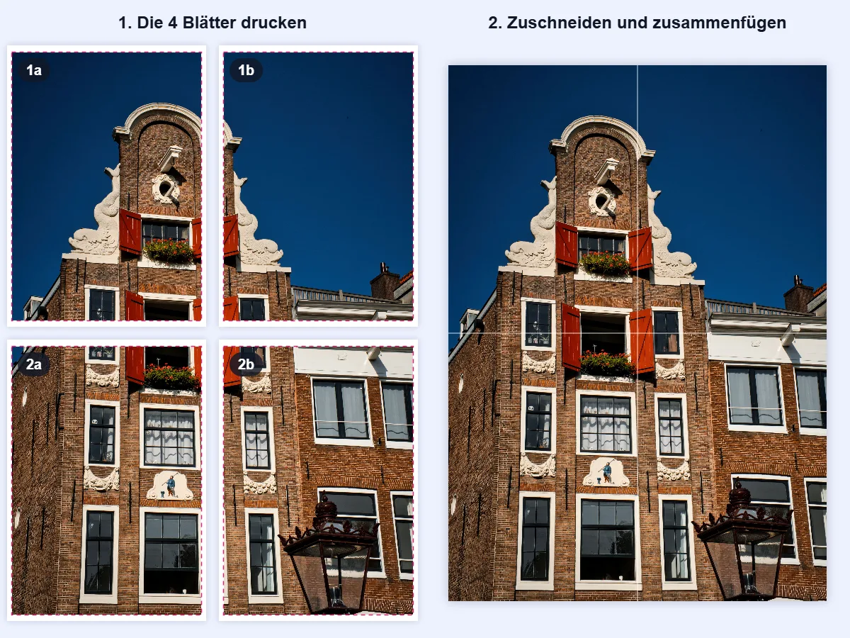 Links die vier gedruckten DIN-A4-Blätter 1a, 1b, 2a und 2b mit ihrem weißen Rand und einer gestrichelten Schnittlinie; rechts die vier zugeschnittenen Teile, zu einem ganzen Poster zusammengesetzt