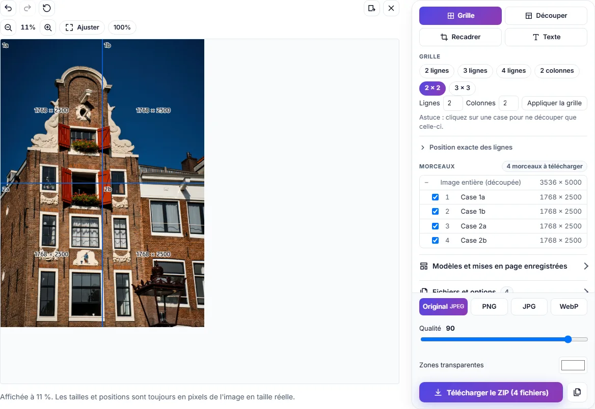Le découpeur d'images en français avec la photo d'une maison d'Amsterdam découpée en une grille de 2 × 2 ; la liste des morceaux affiche quatre cases de 1768 × 2500 pixels