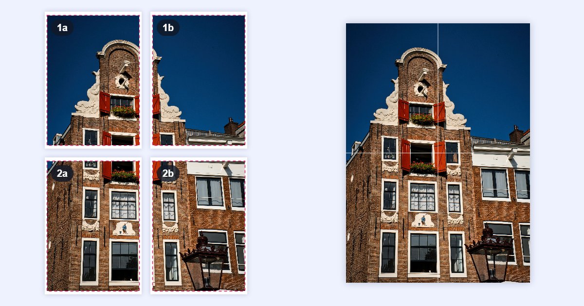 A foto de uma casa de Amsterdã impressa em quatro folhas A4 e, ao lado, as quatro folhas juntas formando um pôster