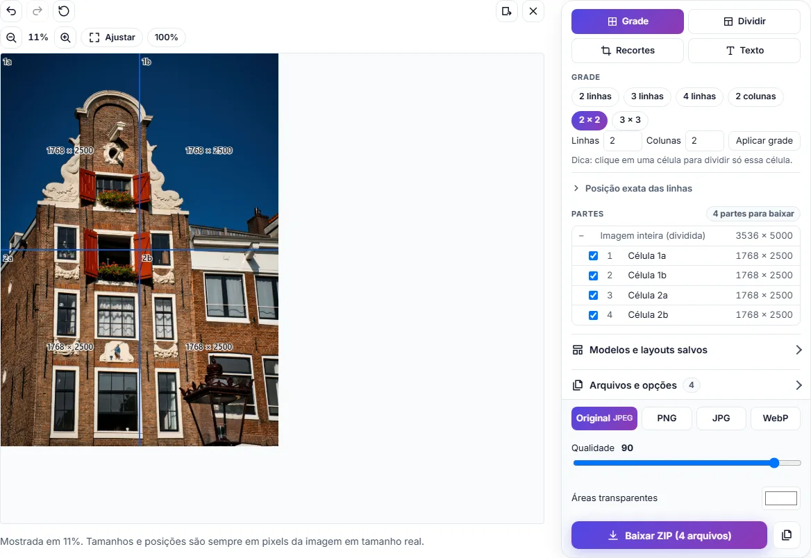 O divisor de imagens em português com a foto de uma casa de Amsterdã dividida em uma grade de 2 × 2; a lista de partes mostra quatro células de 1768 × 2500 pixels