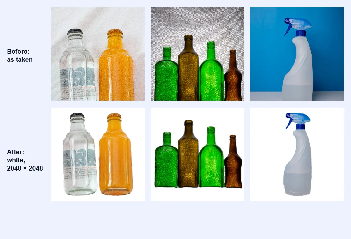 Three product photos as taken on cloth, a grey textured wall and a blue wall, and below them the same products cut out and centred on pure white 2048 × 2048 squares