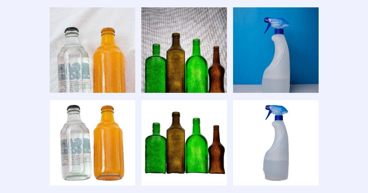 Three product photos as taken, on cloth, a grey wall and a blue wall, and below them the same products on pure white squares
