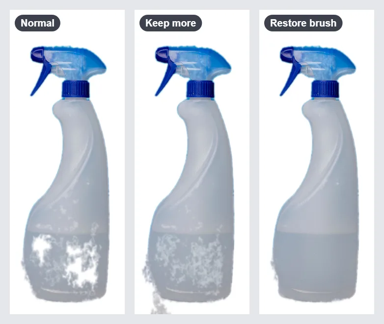 Three versions of the white spray bottle: at normal strength with large white holes in the lower half, with Keep more where smaller speckles remain, and after the Restore brush where the bottle is complete