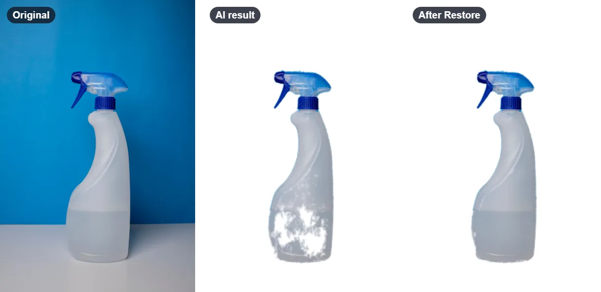 A spray bottle against a blue wall; the AI result on white with holes in the bottle's clear lower half; and the result after painting over it with Restore, with the bottle whole
