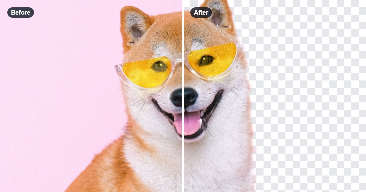 A dog in sunglasses, half on its original pink background and half cut out on a transparent background