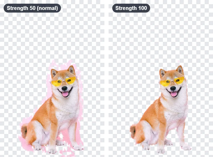 The dog cut out at normal removal strength, with pink patches around it, next to the result at strength 100, without them