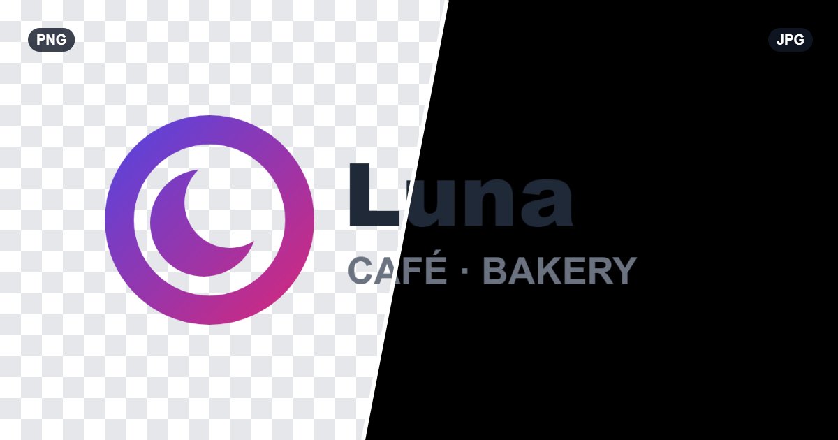 A logo with a transparent background on the left, and the same logo saved as JPG on a black background on the right, where the dark text almost disappears