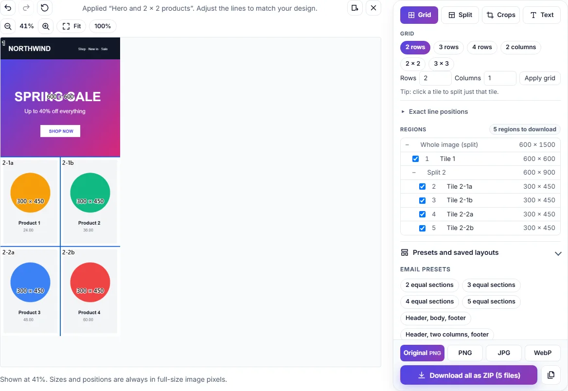 The splitter with a tall email design divided by the “Hero and 2 × 2 products” preset: a 600 × 600 hero block and four 300 × 450 product blocks, ready to download as a ZIP of 5 files.